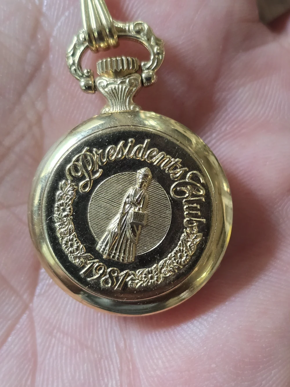 Avon Gold Pocket Watch Pendant Necklace with White Dial Accents